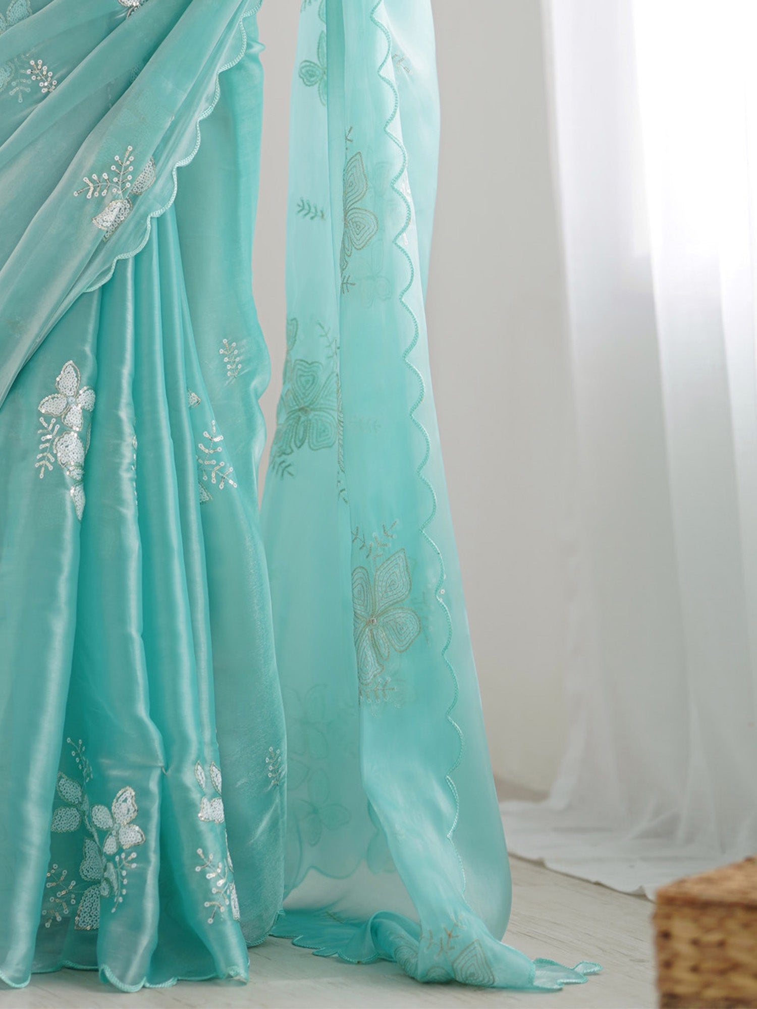 Aqua Blue Organza Embroidered Saree - Ressa