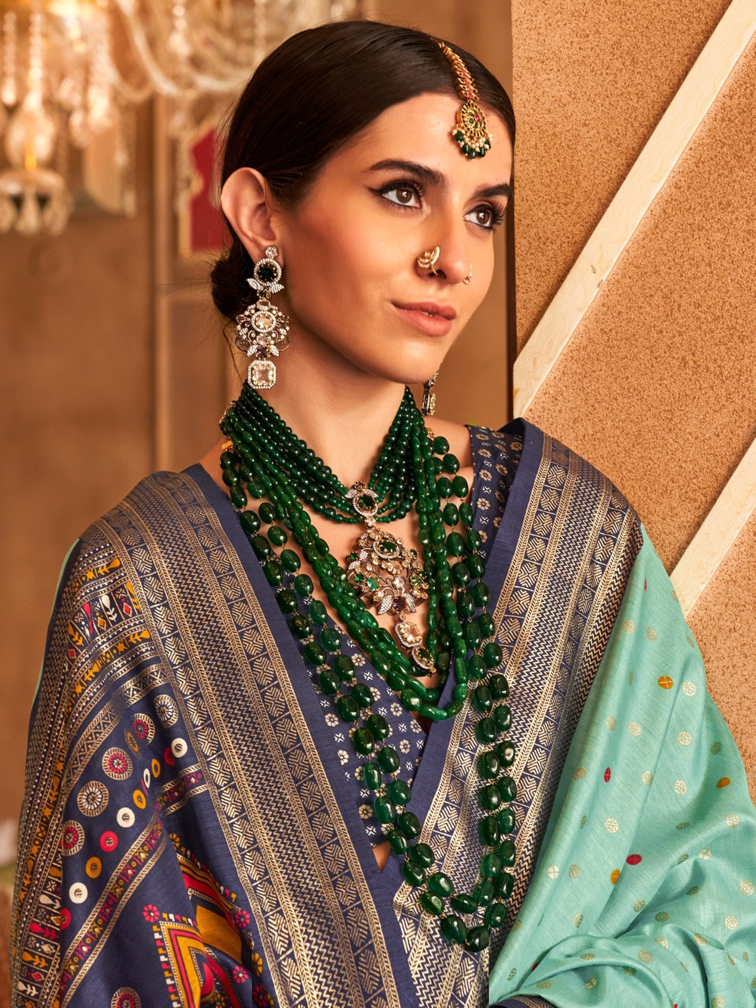 Aqua Blue Silk Saree with Navy Printed Blouse - Ressa