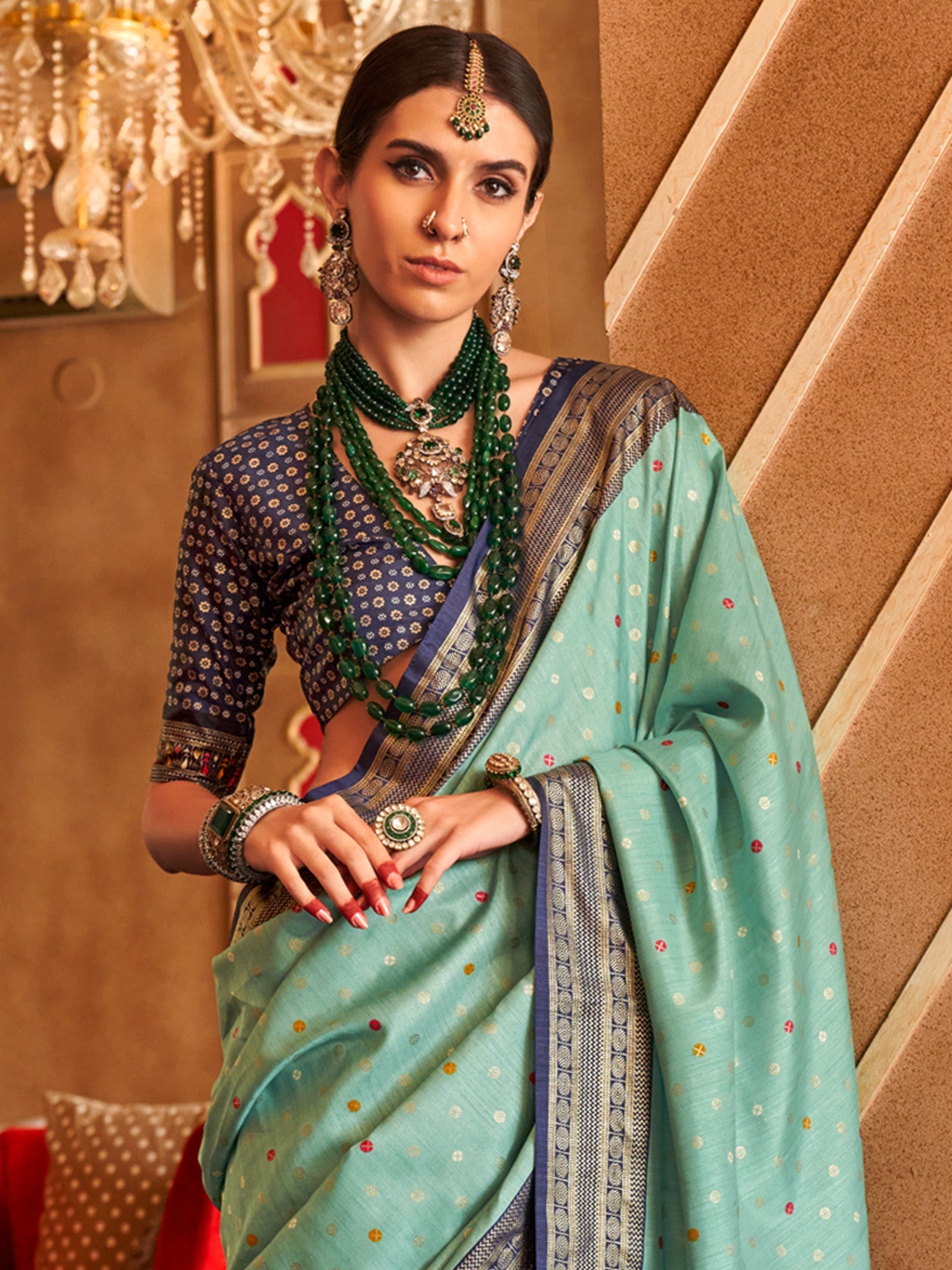 Aqua Blue Silk Saree with Navy Printed Blouse - Ressa