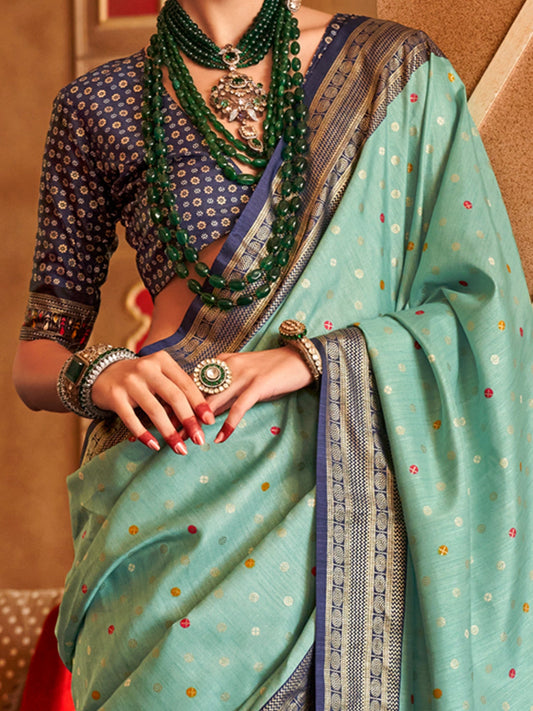 Aqua Blue Silk Saree with Navy Printed Blouse - Ressa