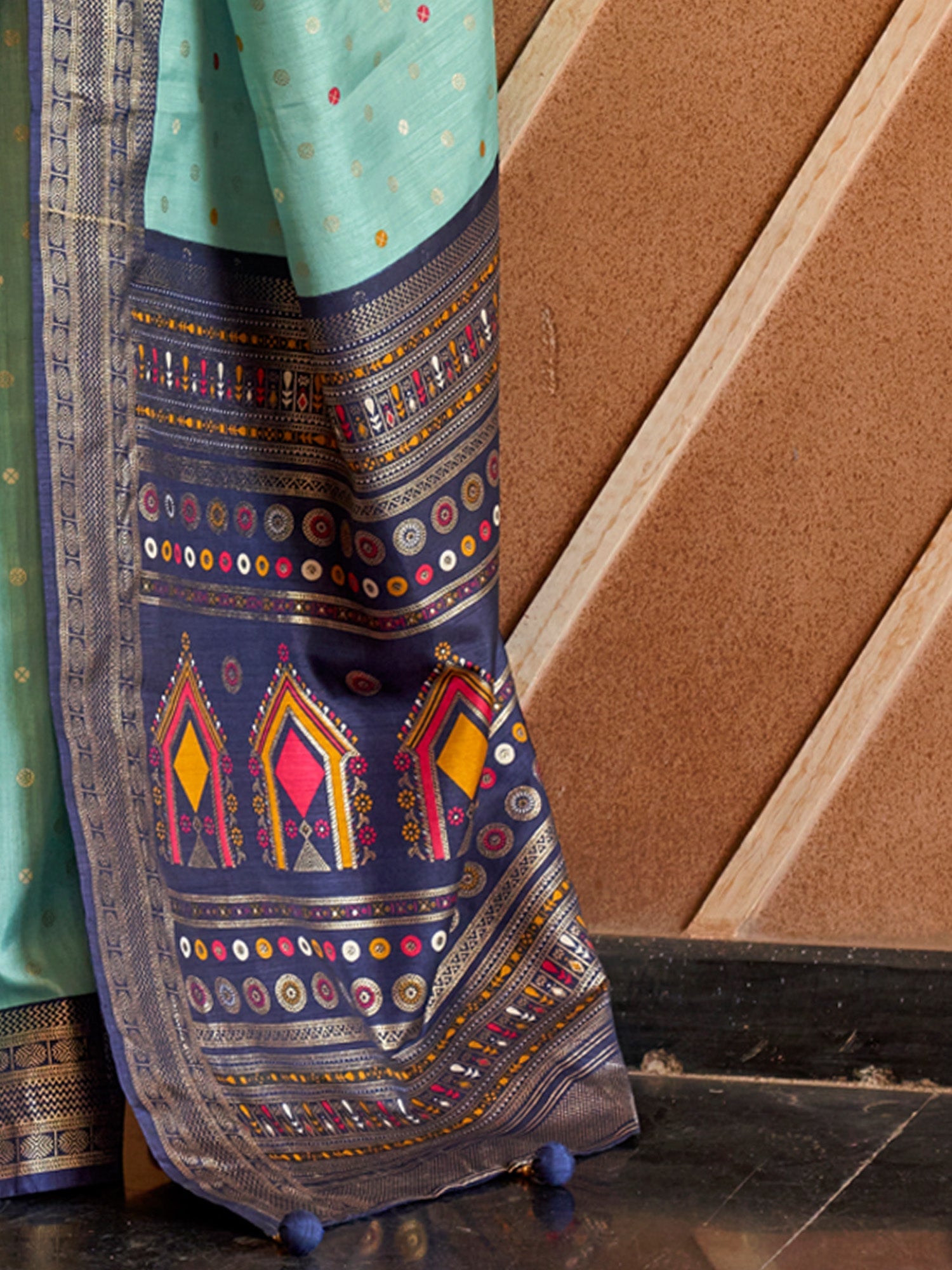 Aqua Blue Silk Saree with Navy Printed Blouse - Ressa