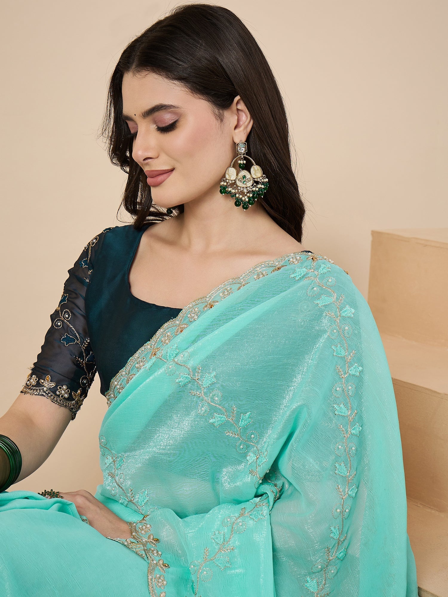 Aqua Organza Embroidered Saree with Teal Blouse - Ressa