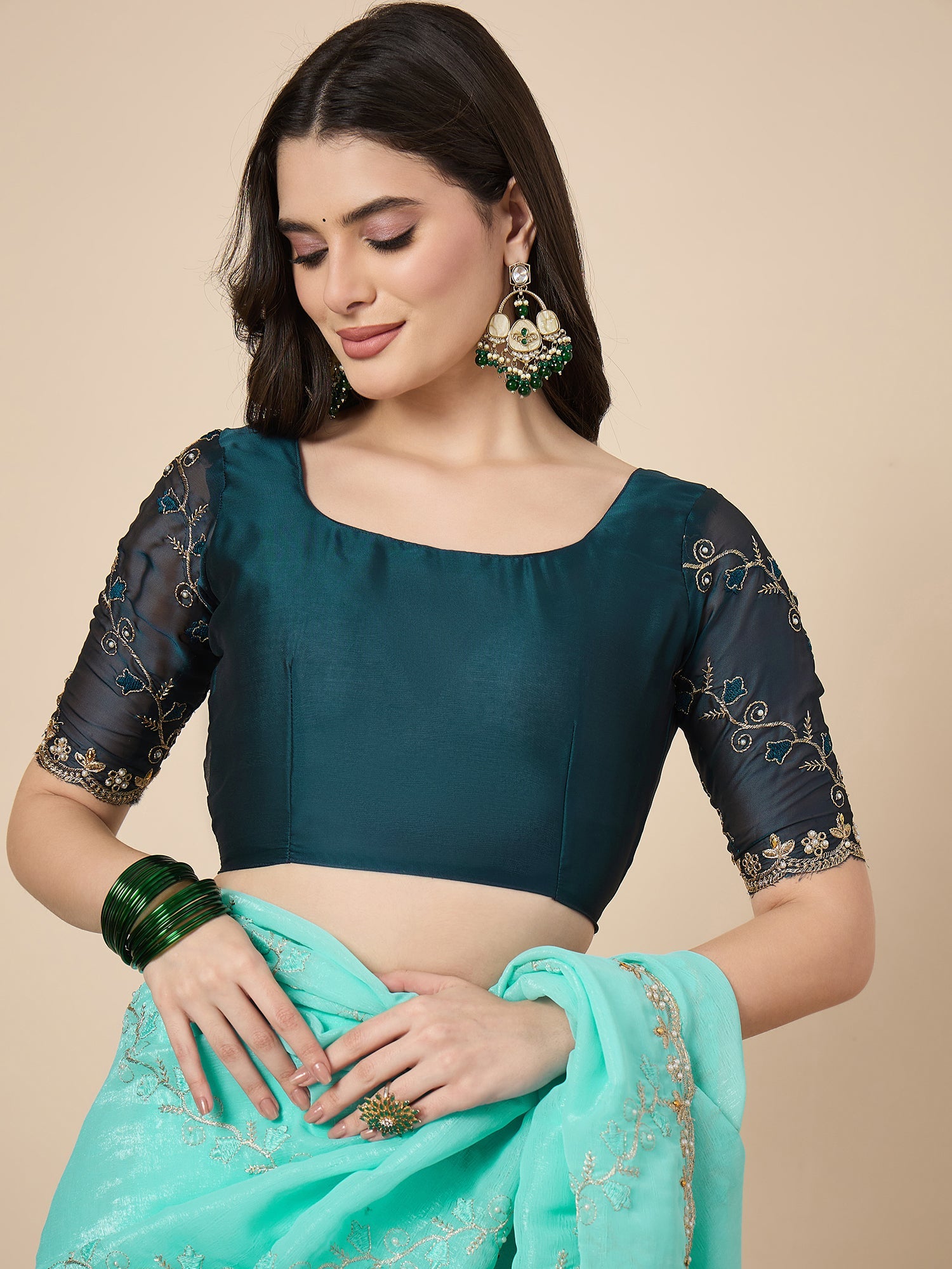 Aqua Organza Embroidered Saree with Teal Blouse - Ressa
