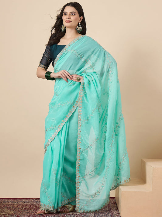 Aqua Organza Embroidered Saree with Teal Blouse - Ressa