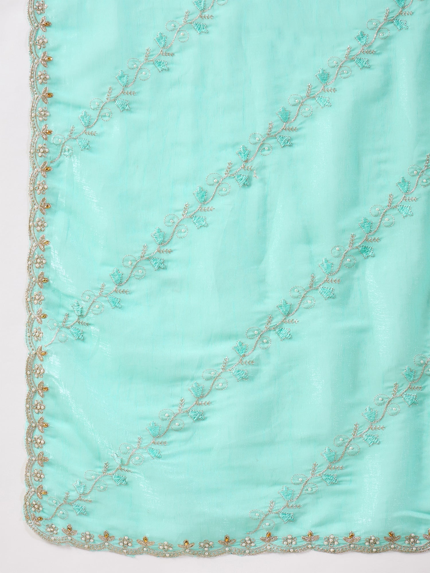 Aqua Organza Embroidered Saree with Teal Blouse - Ressa
