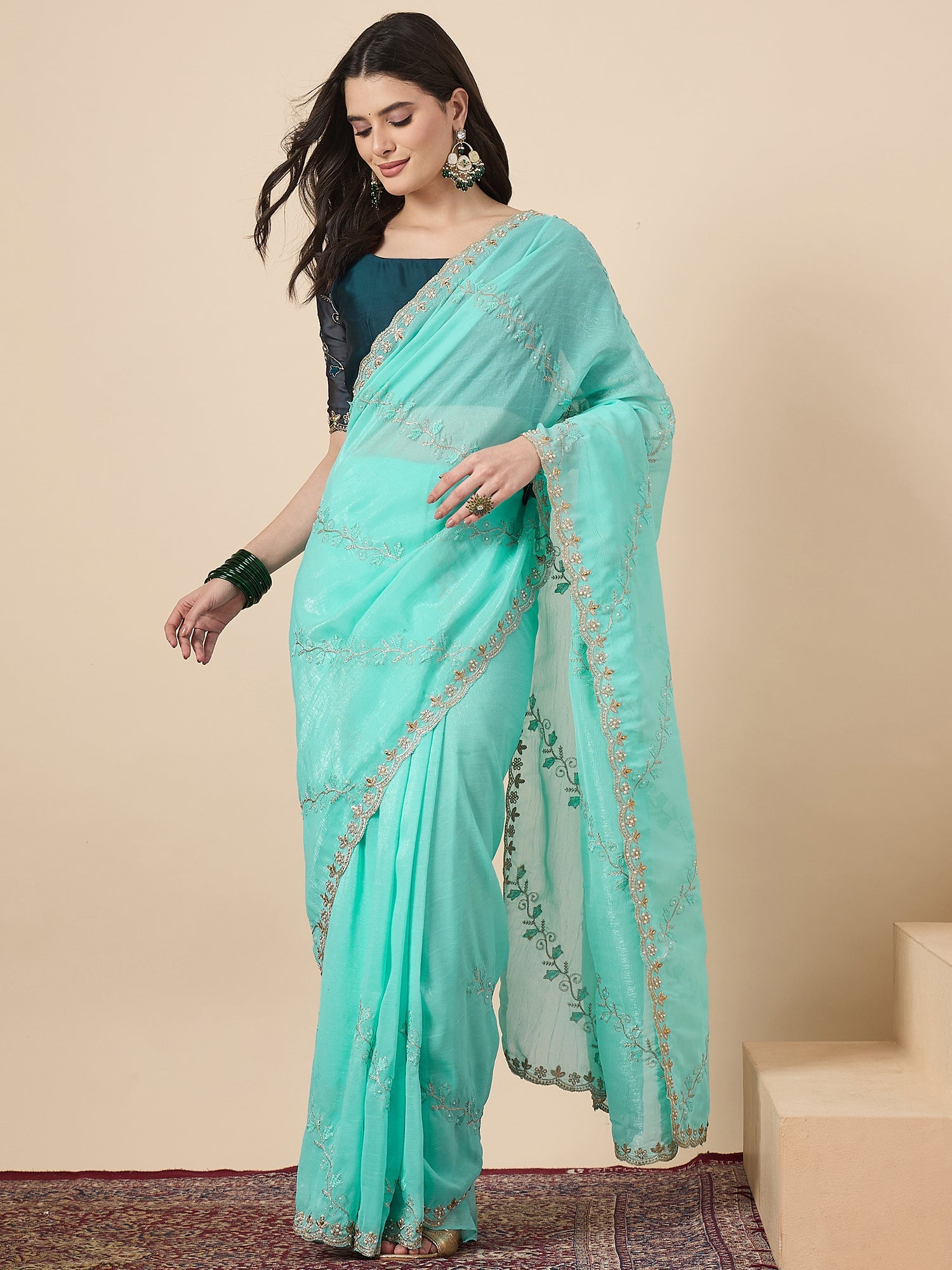 Aqua Organza Embroidered Saree with Teal Blouse - Ressa