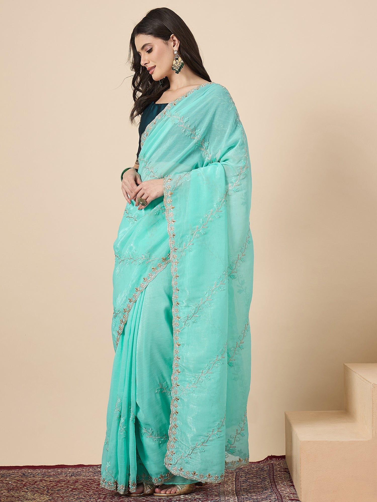 Aqua Organza Embroidered Saree with Teal Blouse - Ressa