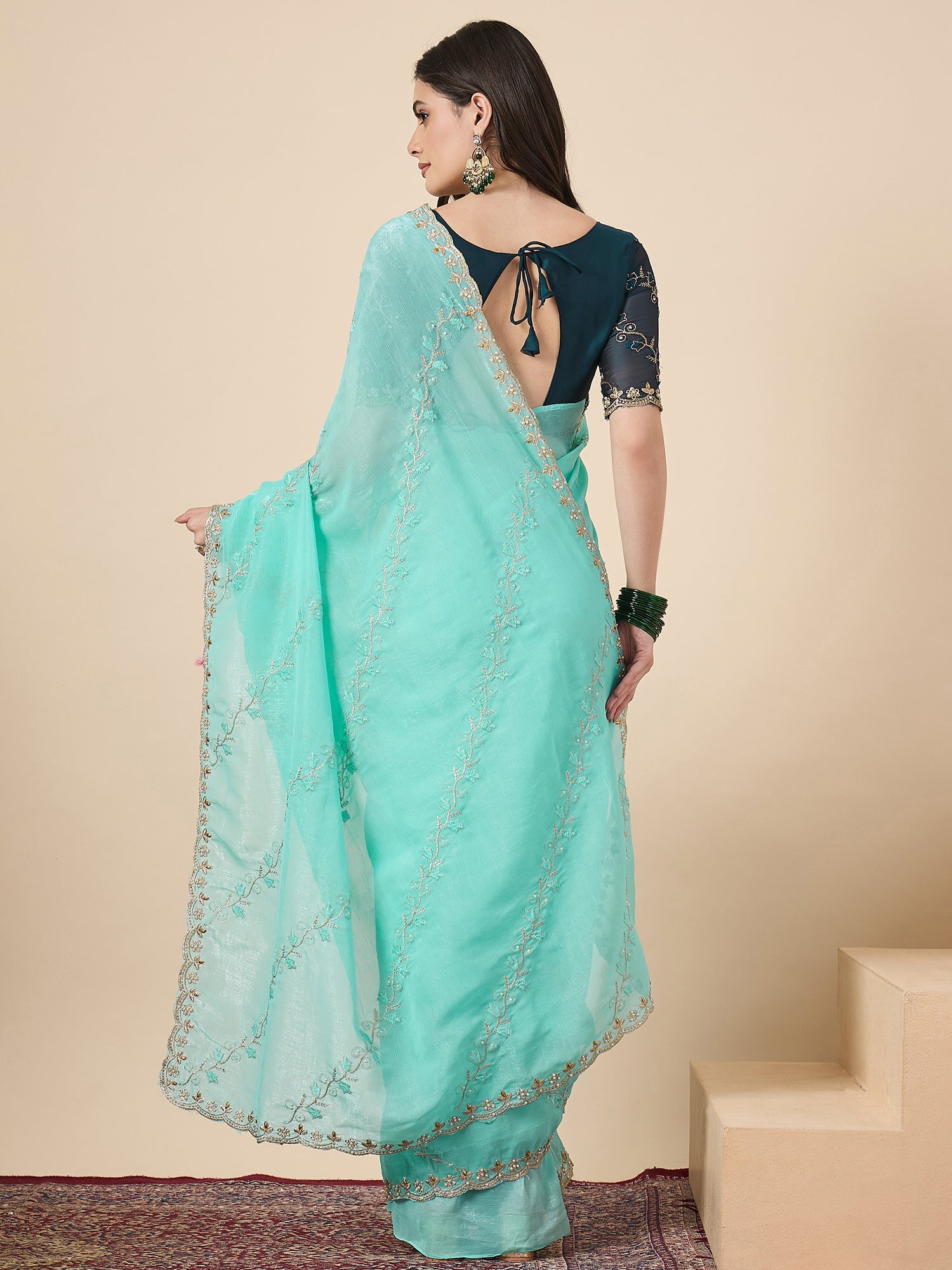 Aqua Organza Embroidered Saree with Teal Blouse - Ressa