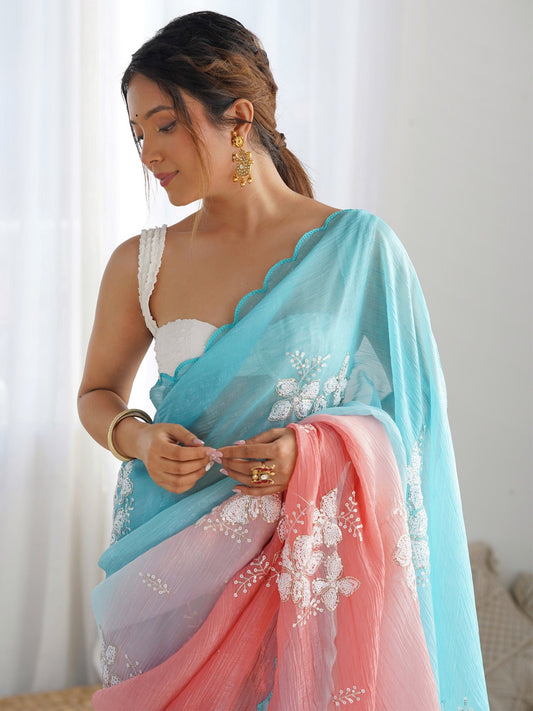 Aqua Pink Ombre Organza Saree with Sequin Butterfly Embroidery - Ressa