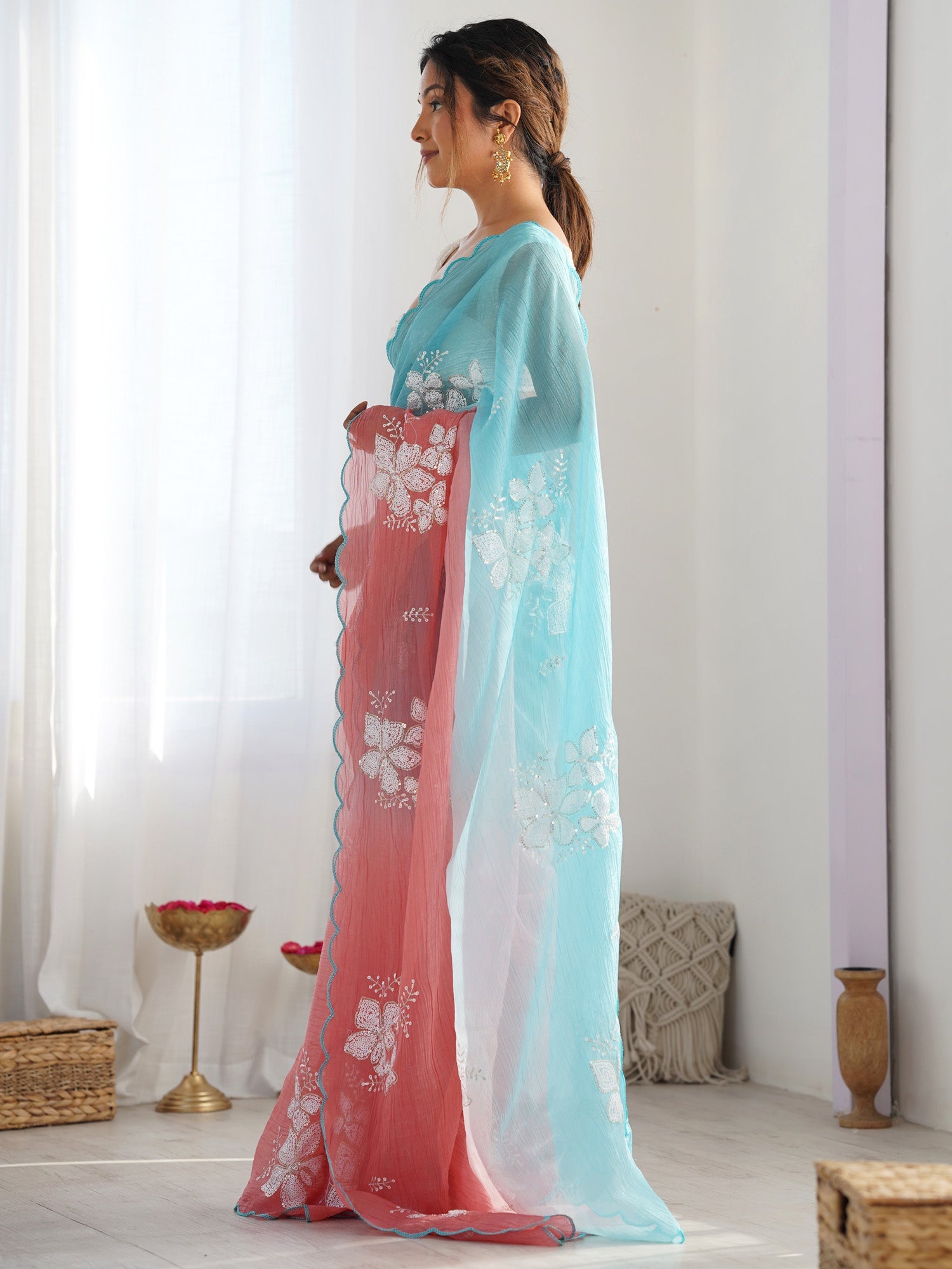 Aqua Pink Ombre Organza Saree with Sequin Butterfly Embroidery - Ressa