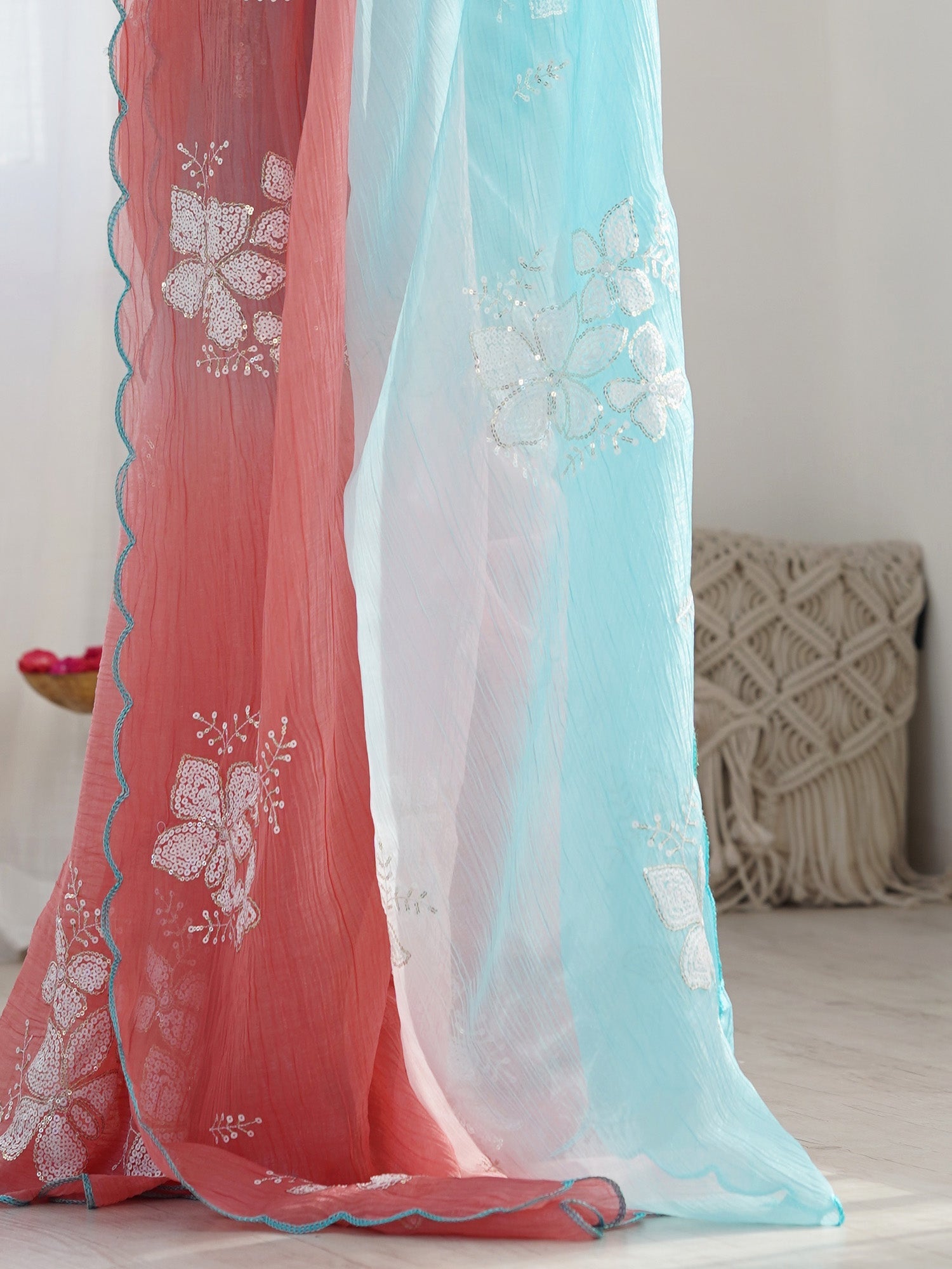 Aqua Pink Ombre Organza Saree with Sequin Butterfly Embroidery - Ressa