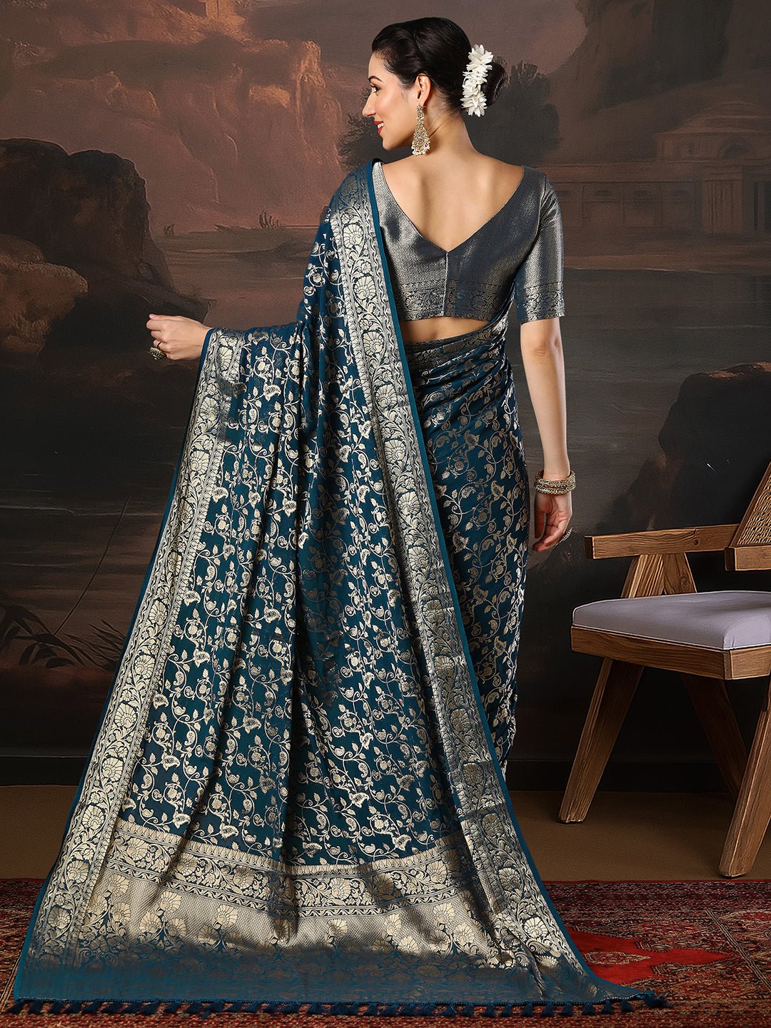Teal Blue Georgette Banarasi Silk Saree - Ressa