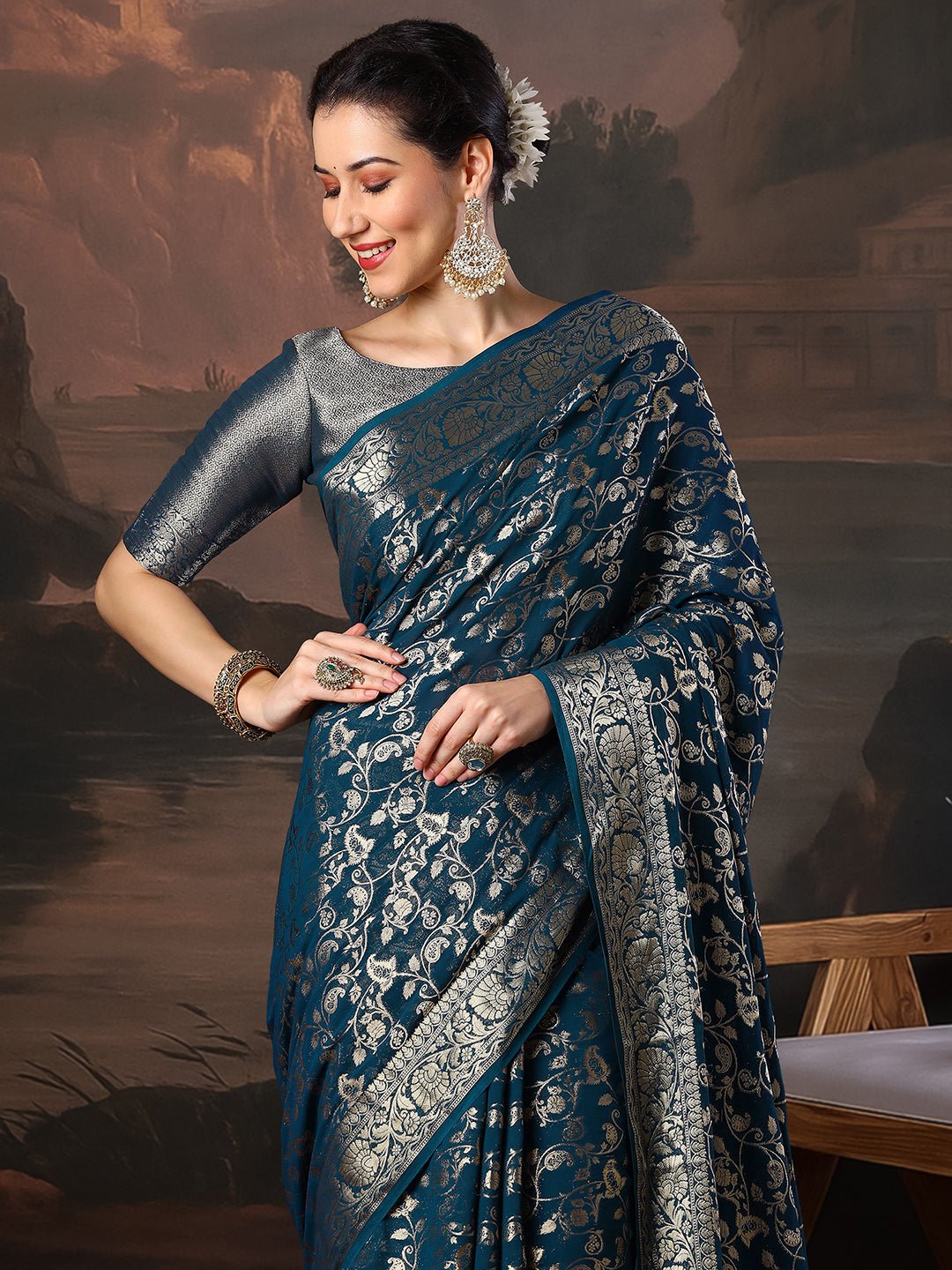 Teal Blue Georgette Banarasi Silk Saree - Ressa