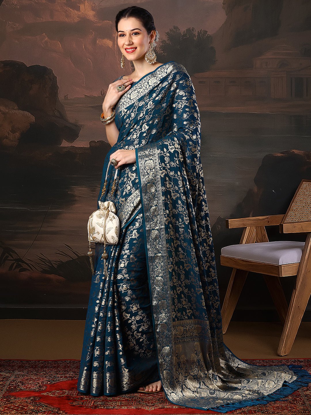Teal Blue Georgette Banarasi Silk Saree - Ressa