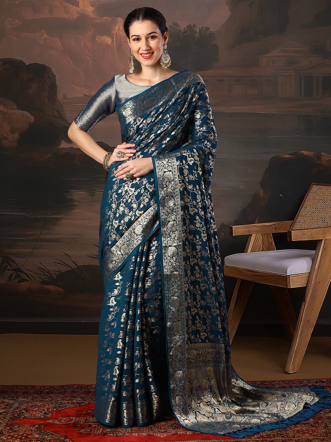 Teal Blue Georgette Banarasi Silk Saree - Ressa