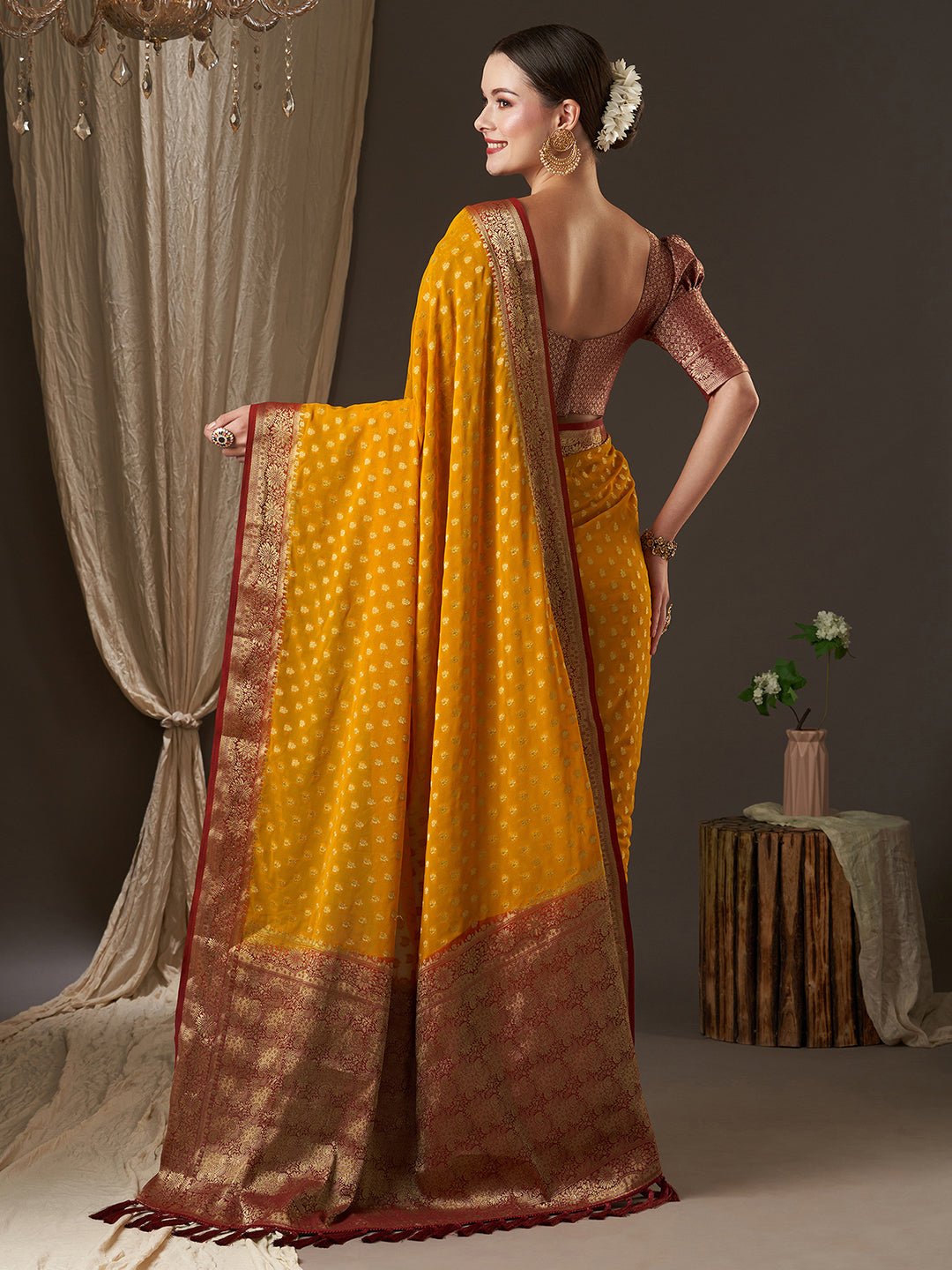 Mustard Yellow Georgette Banarasi Silk Saree - Ressa