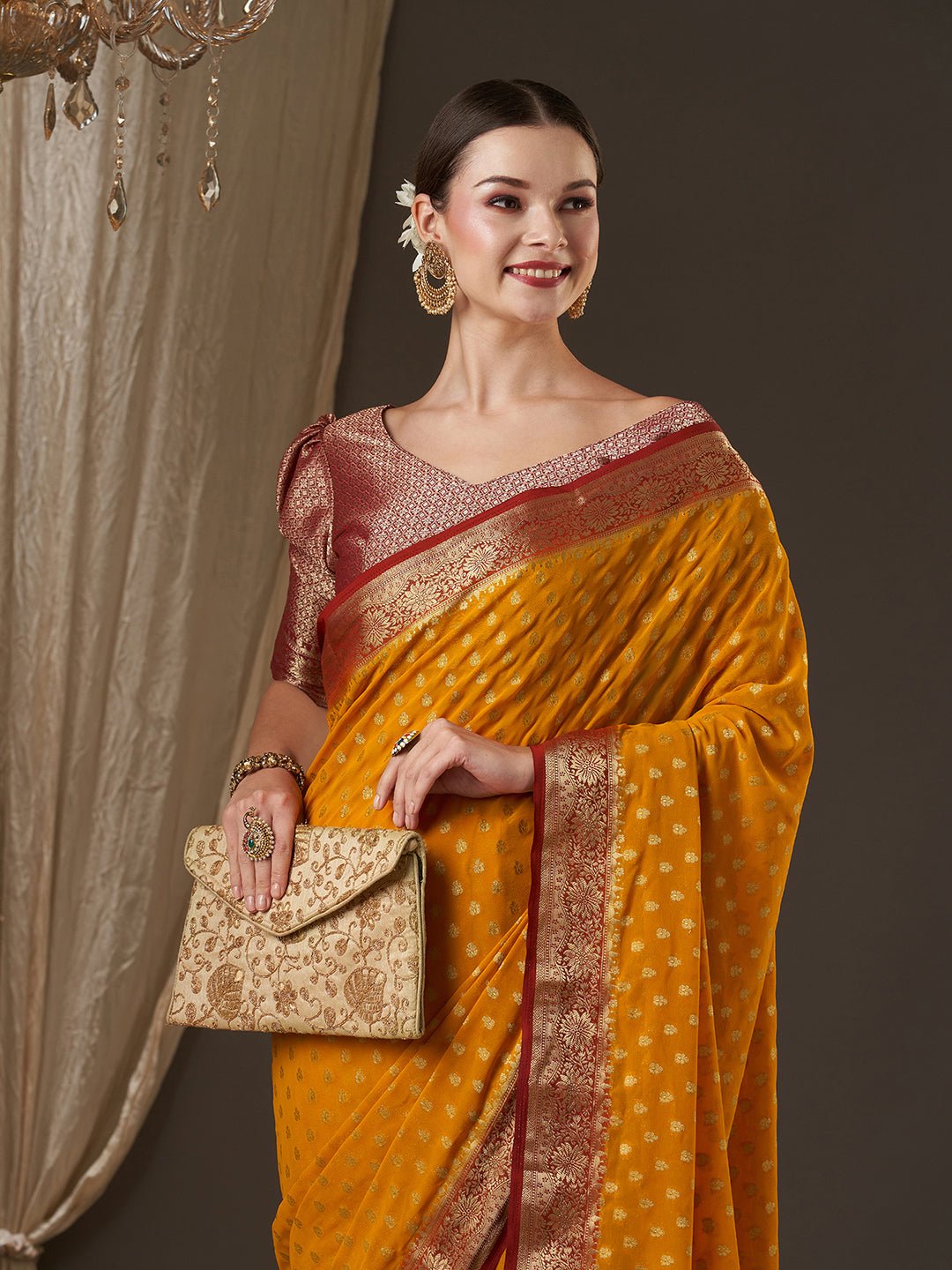 Mustard Yellow Georgette Banarasi Silk Saree - Ressa