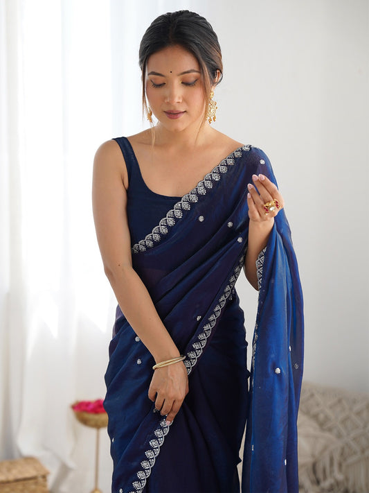 Navy Blue Embroidered Paper Silk Saree