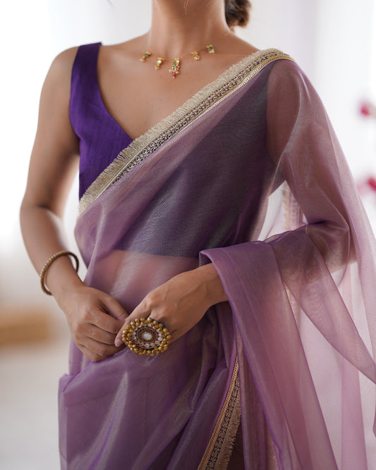 Lavender Solid Net Saree with Scalloped Border