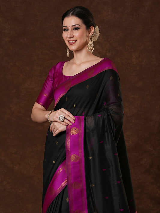 Jet Black Maheshwari Silk Saree