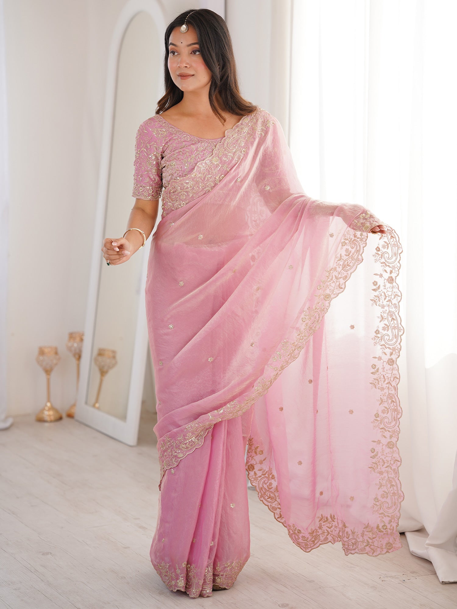 Baby Pink Metallic Tissue Silk SAree - Ressa