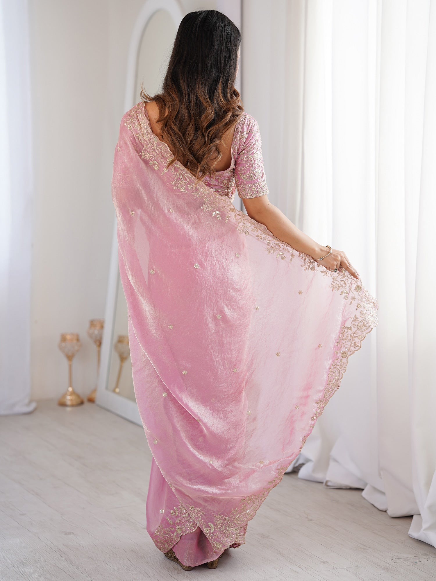 Baby Pink Metallic Tissue Silk SAree - Ressa