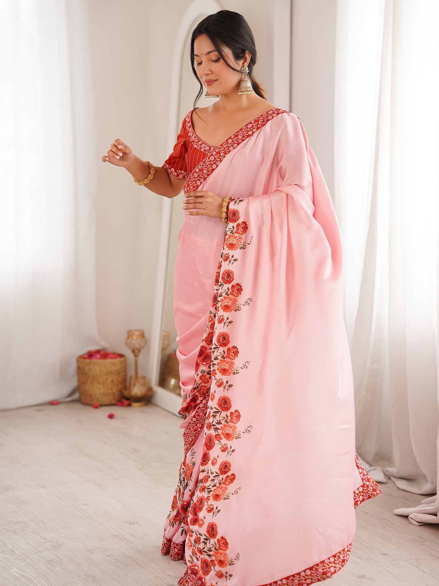 Baby Pink Satin Georgette Saree with Floral Digital Print - Ressa