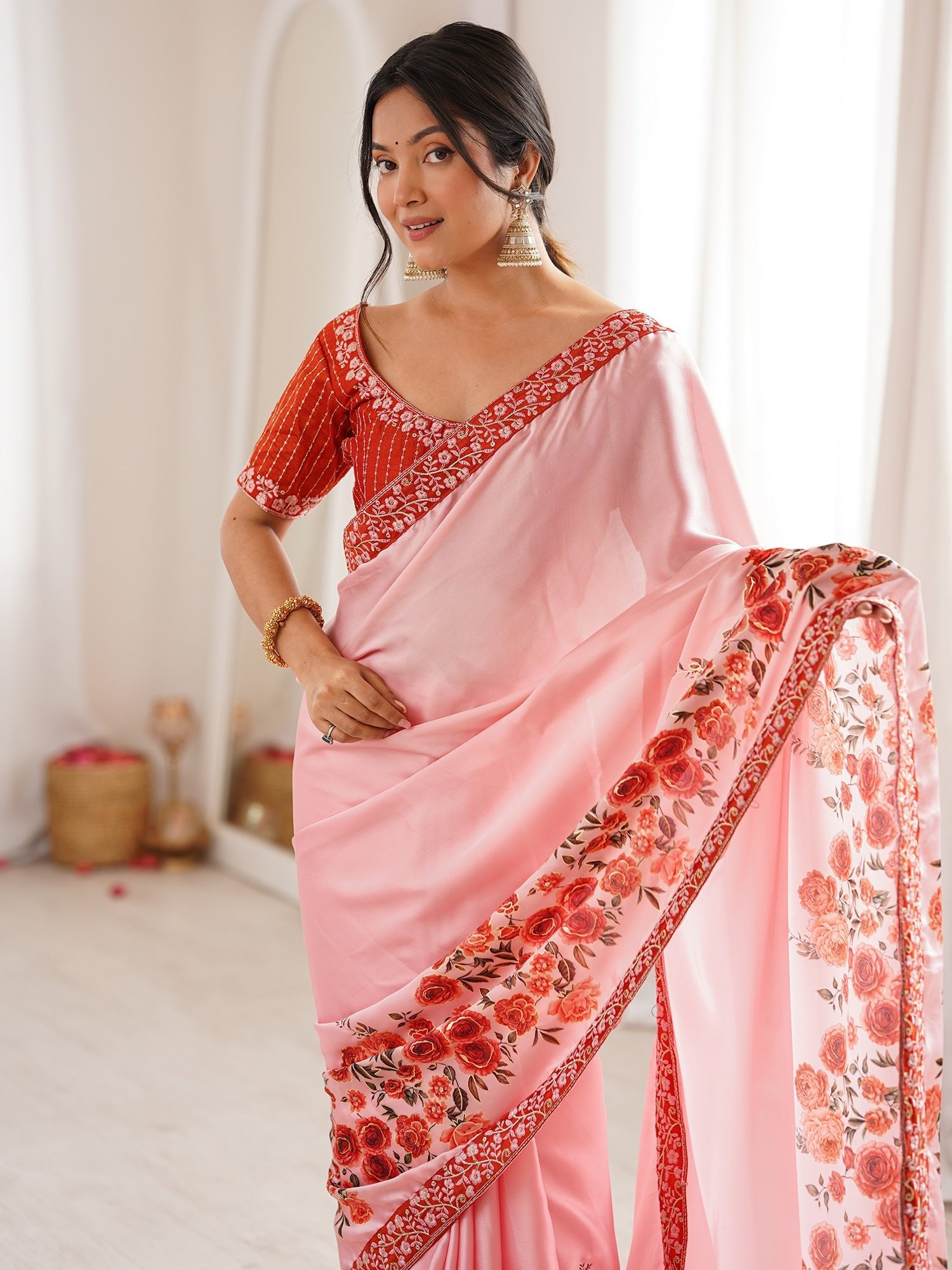 Baby Pink Satin Georgette Saree with Floral Digital Print - Ressa