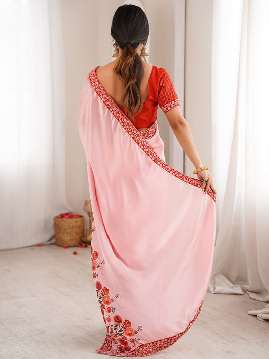 Baby Pink Satin Georgette Saree with Floral Digital Print - Ressa