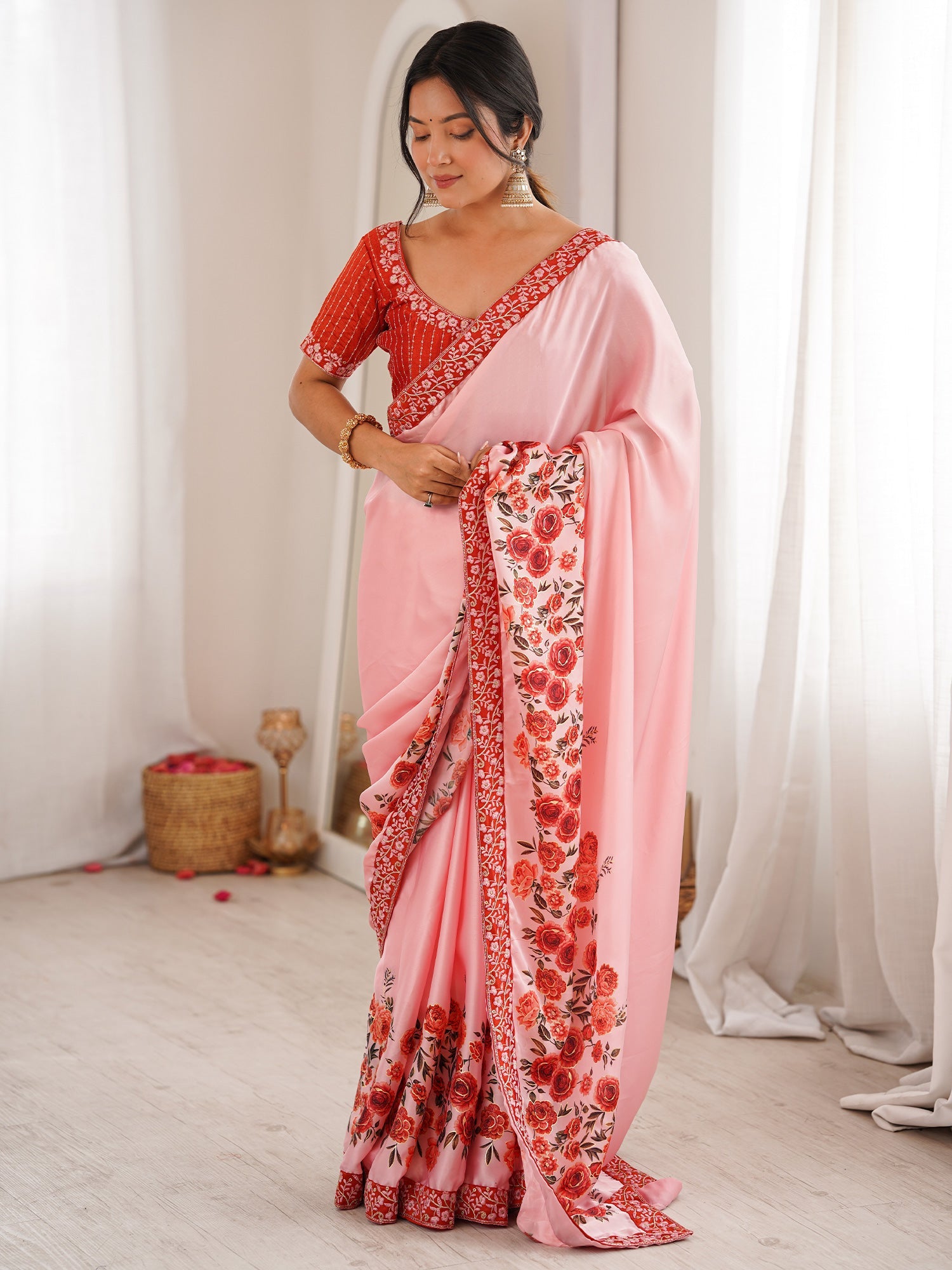 Baby Pink Satin Georgette Saree with Floral Digital Print - Ressa