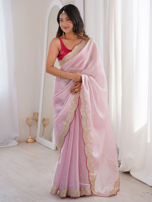 Baby Pink Shimmer Organza Saree with Mirror-Work Border - Ressa