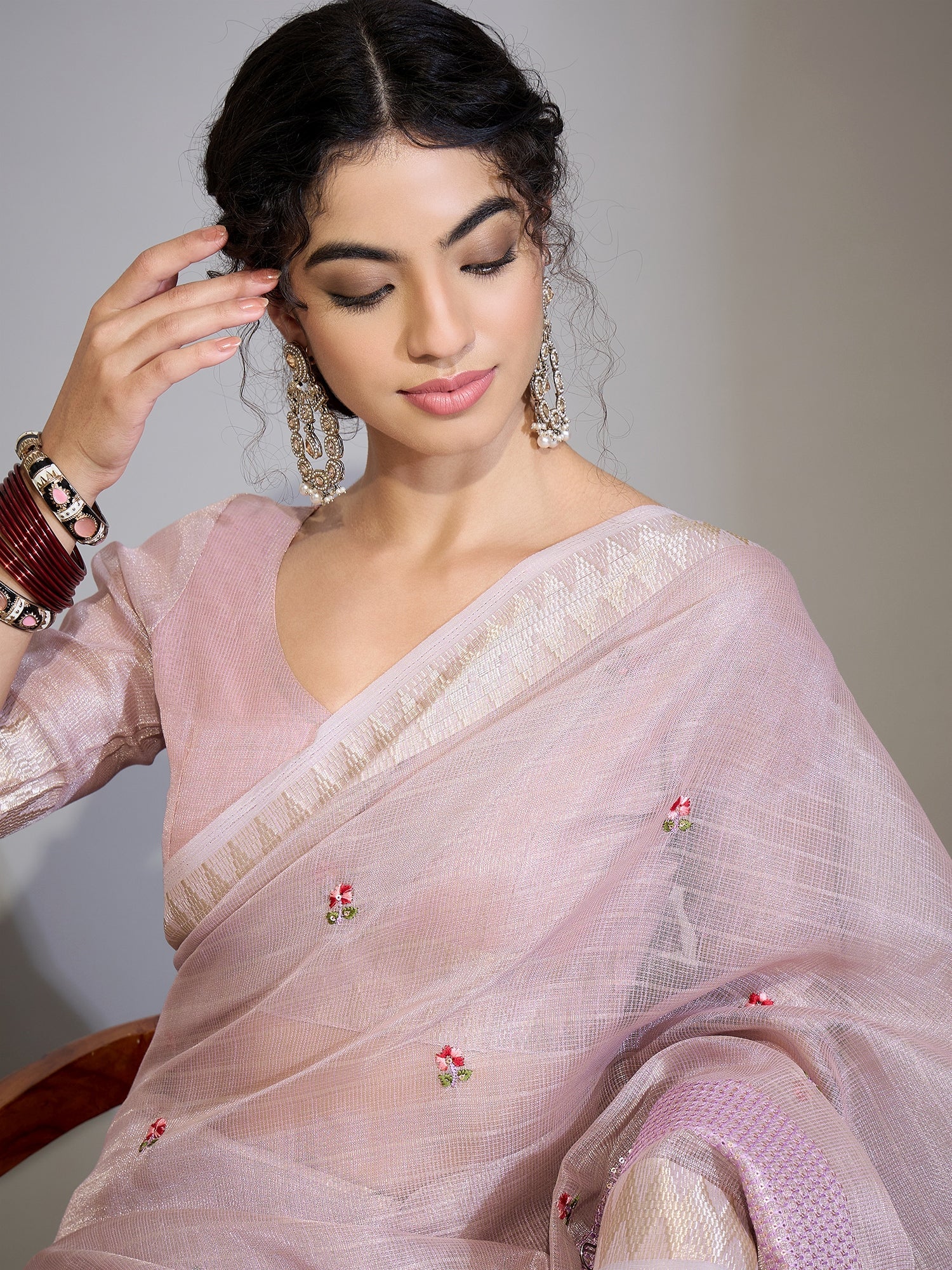 Baby Pink Tissue Silk Saree with Zari Stripes - Ressa