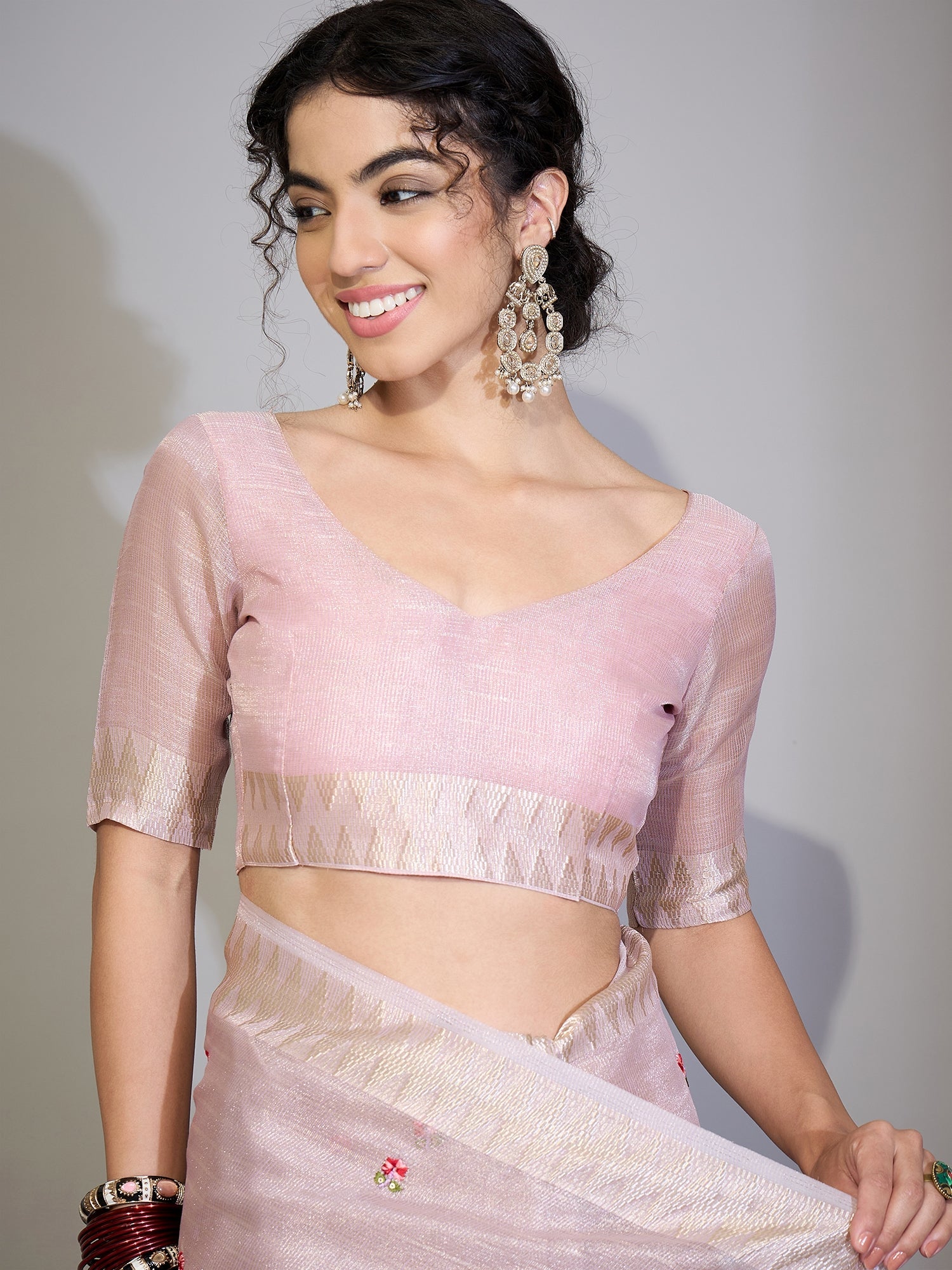 Baby Pink Tissue Silk Saree with Zari Stripes - Ressa