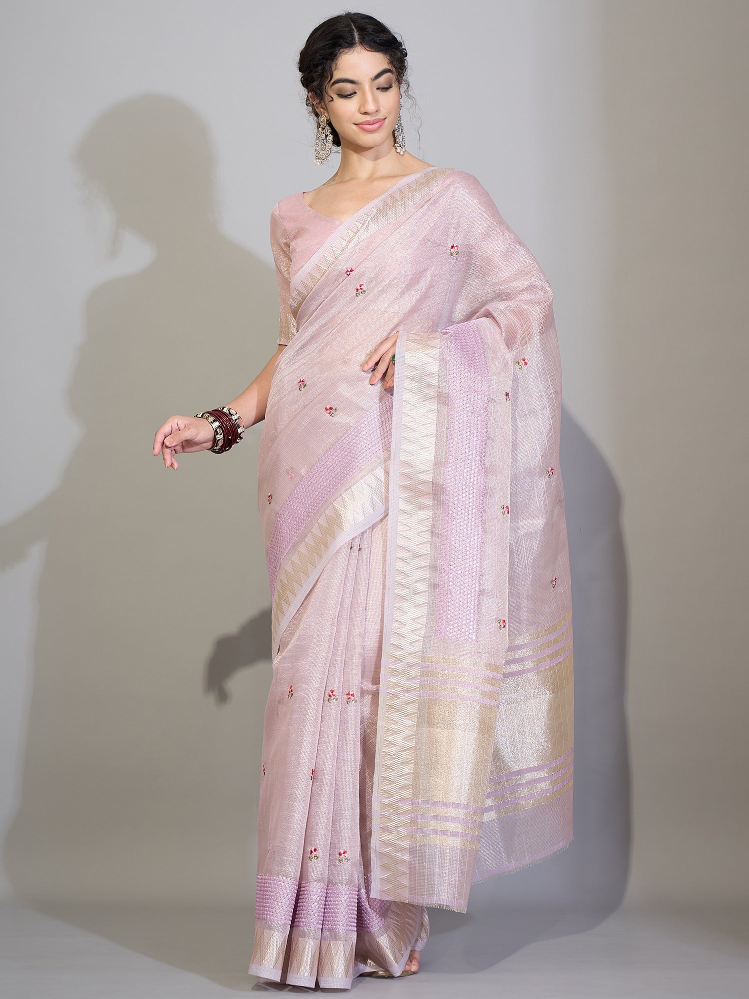 Baby Pink Tissue Silk Saree with Zari Stripes - Ressa