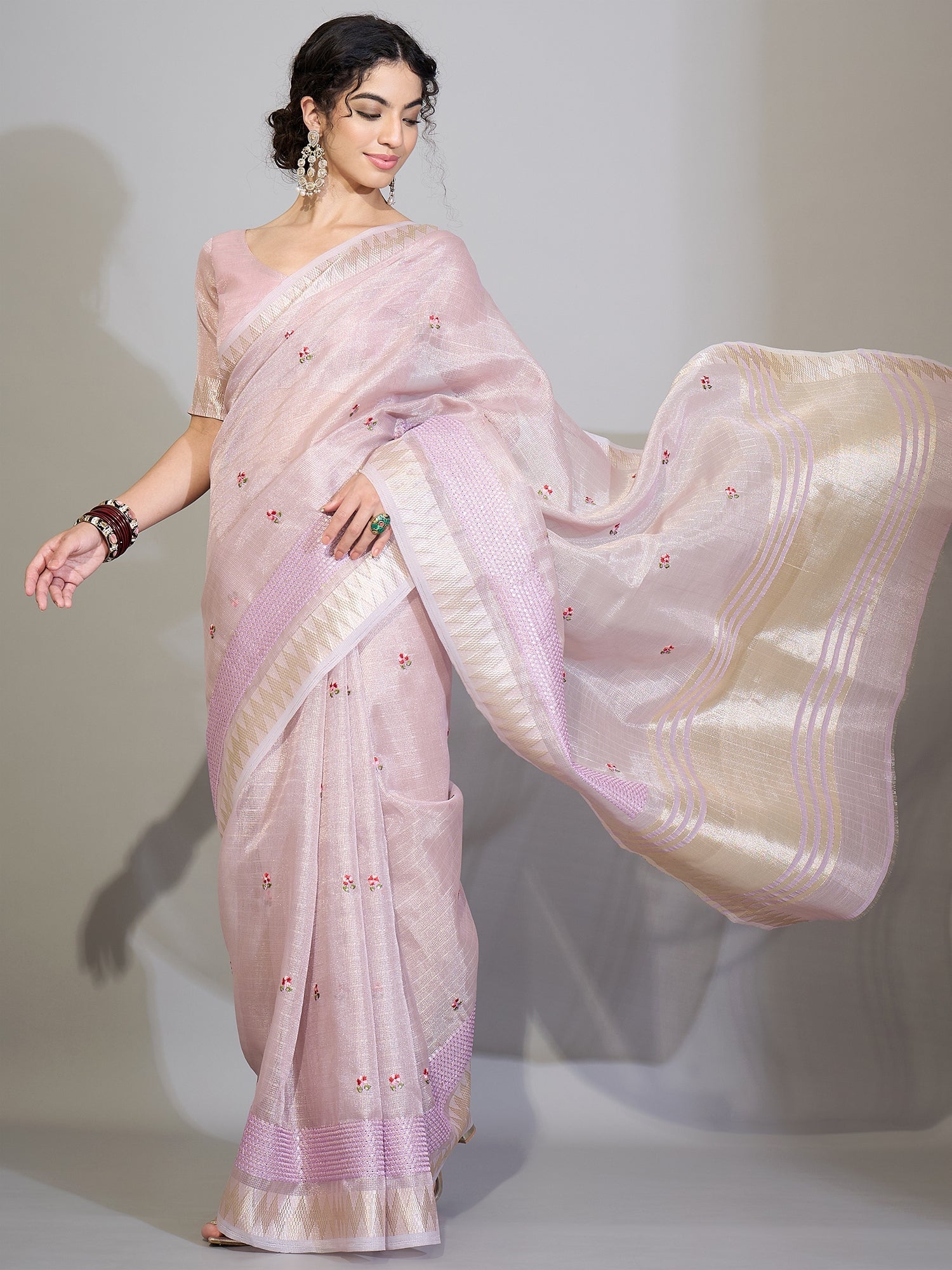 Baby Pink Tissue Silk Saree with Zari Stripes - Ressa