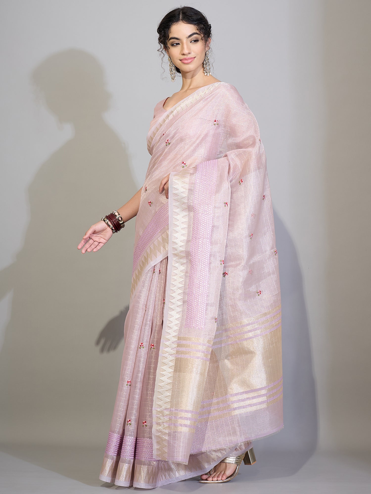Baby Pink Tissue Silk Saree with Zari Stripes - Ressa