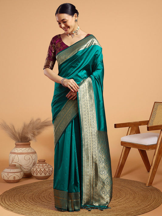 Banarasi Satin Silk Gold Zari Floral Weaving Zari Border Saree - Ressa