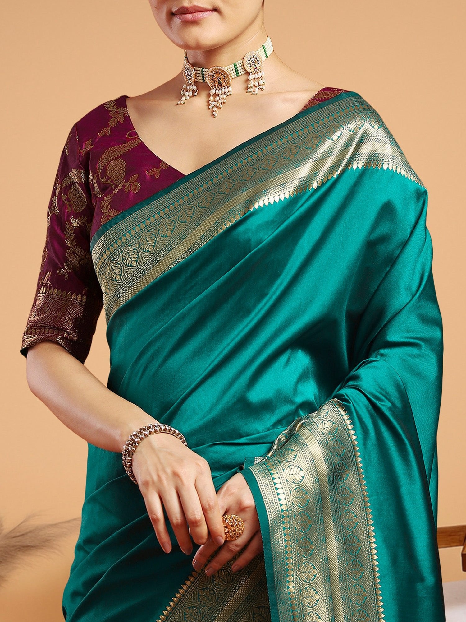Banarasi Satin Silk Gold Zari Floral Weaving Zari Border Saree - Ressa