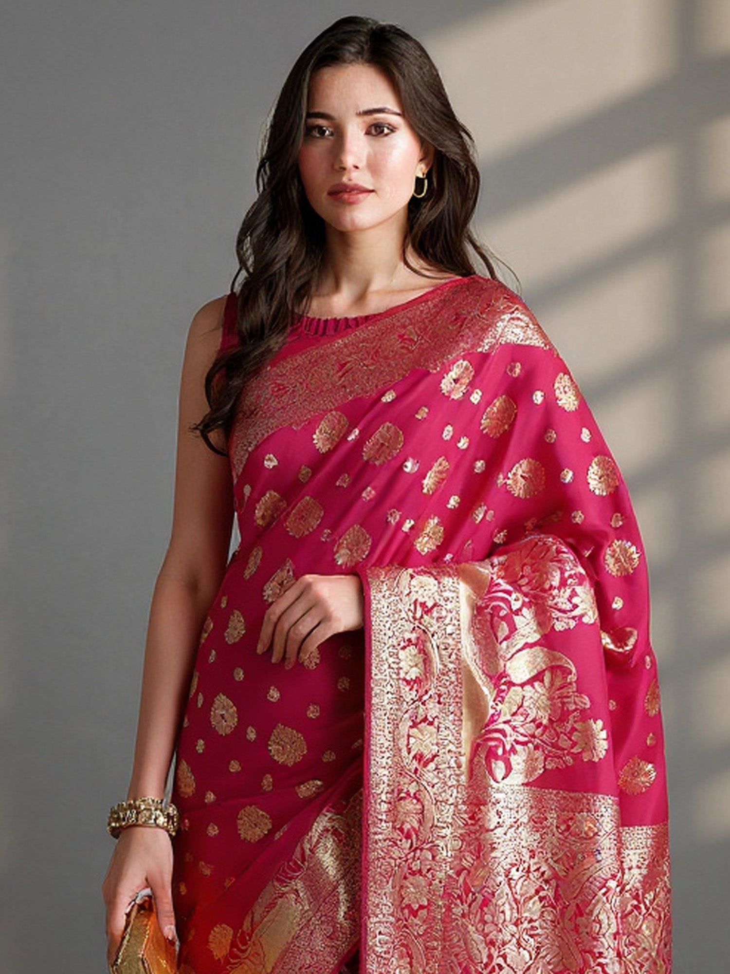 Banarasi Silk Saree | Rani Pink with Gold Zari Weave - Ressa