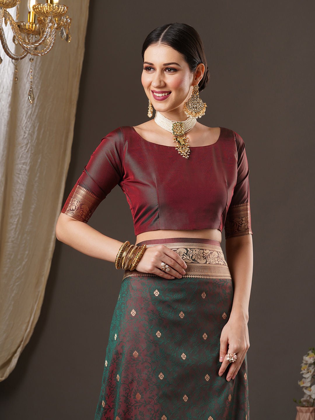 Banarasi Silk Saree with Multicolour Zari Booties. - Ressa
