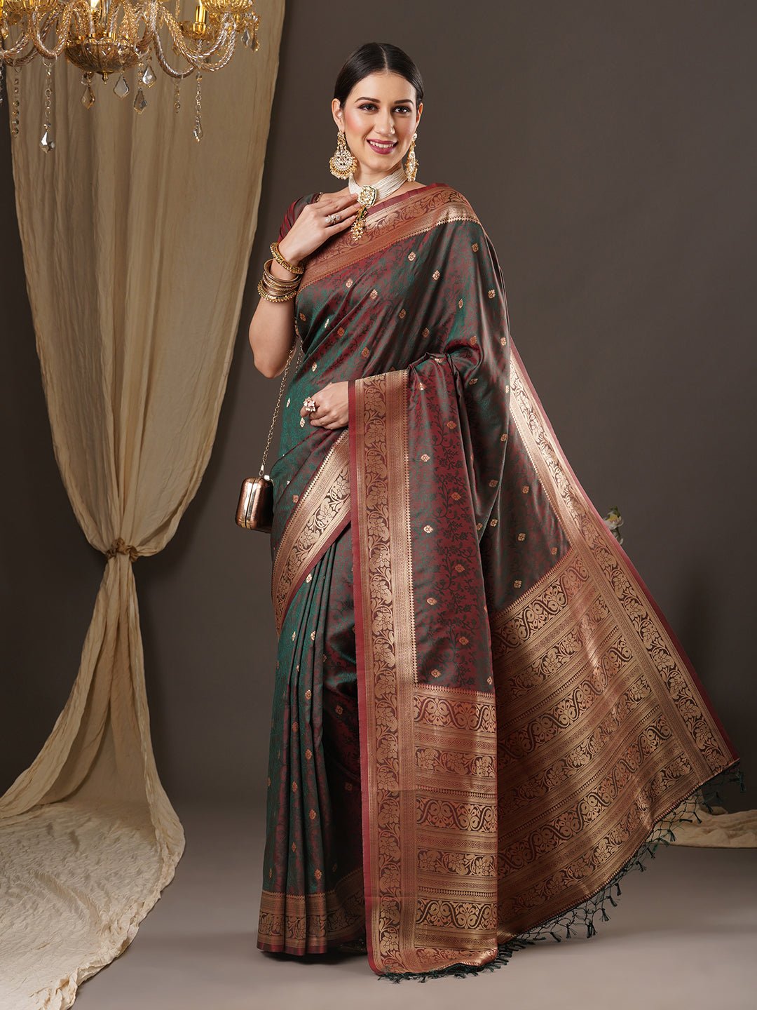 Banarasi Silk Saree with Multicolour Zari Booties. - Ressa