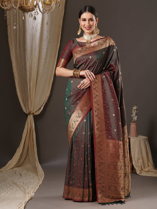 Banarasi Silk Saree with Multicolour Zari Booties. - Ressa
