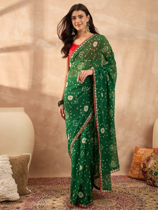 Green Georgette Bandhani Printed Saree - Ressa