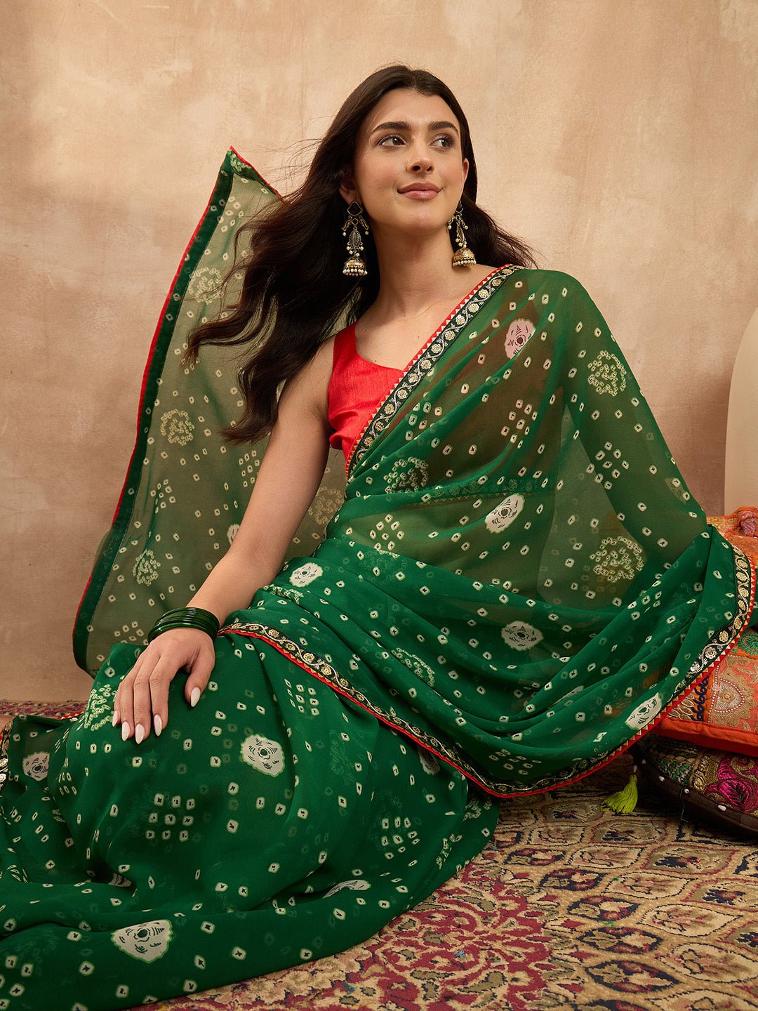 Green Georgette Bandhani Printed Saree - Ressa