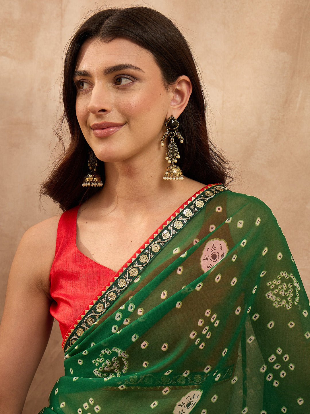 Green Georgette Bandhani Printed Saree - Ressa