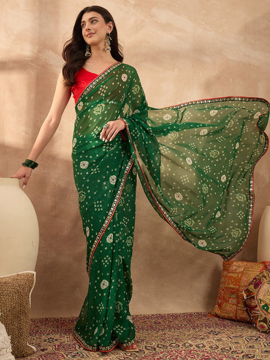 Green Georgette Bandhani Printed Saree - Ressa