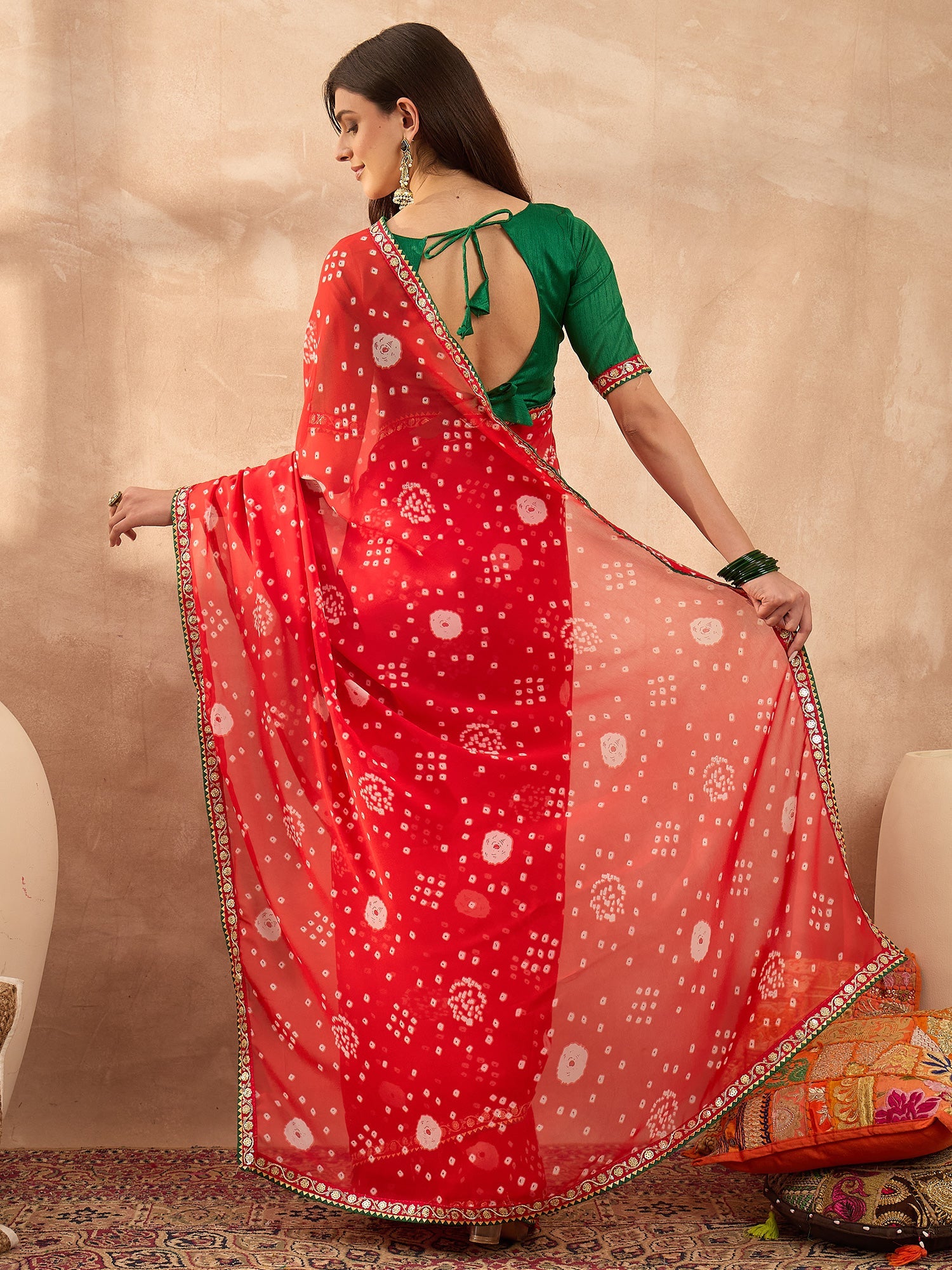 Red Georgette Bandhani Printed Saree - Ressa
