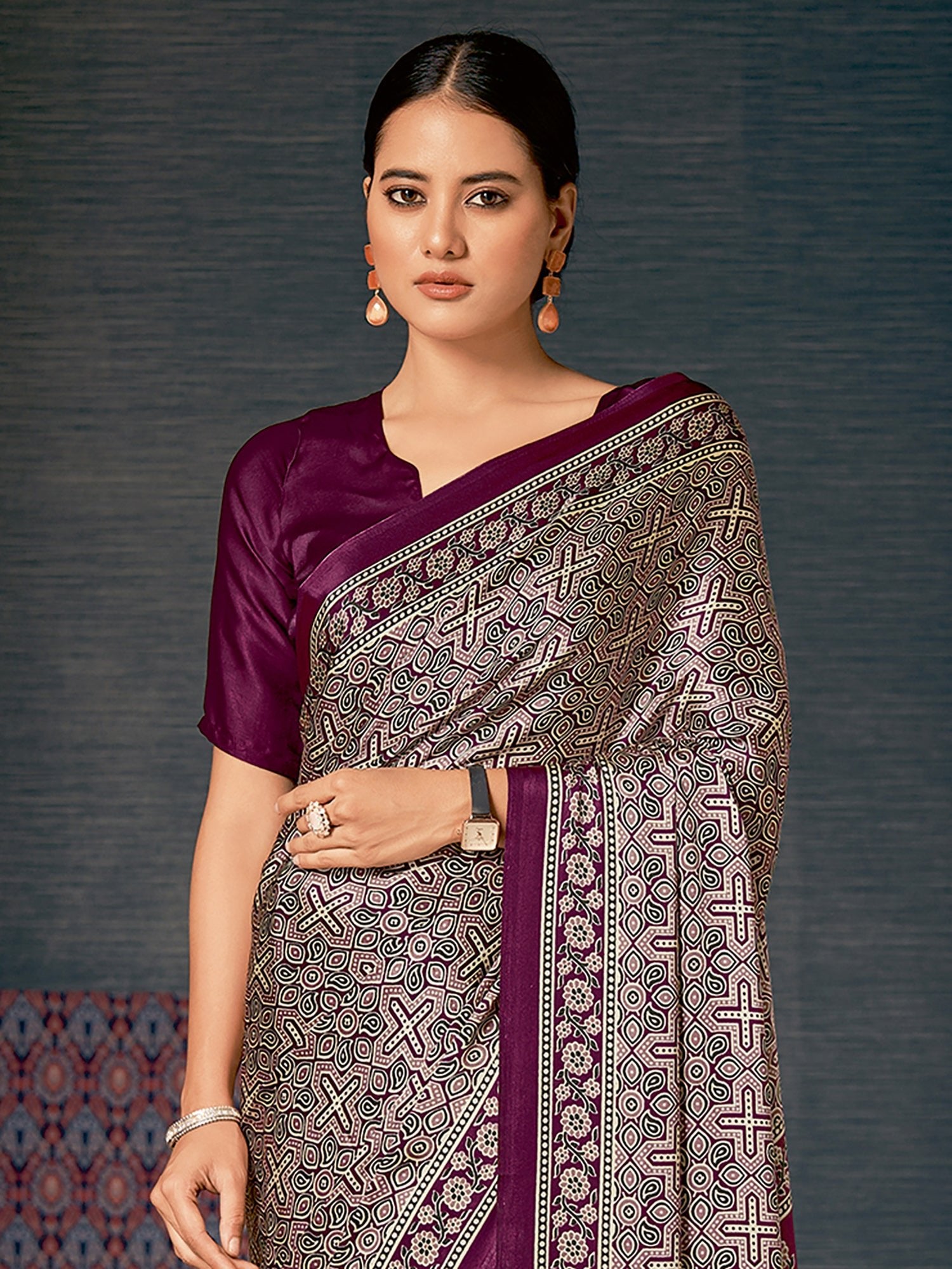 Beige Ajrakh Silk Saree with Wine Geometric Cross & Paisley Print, Grand Medallion Pallu & Wine Blouse - Ressa
