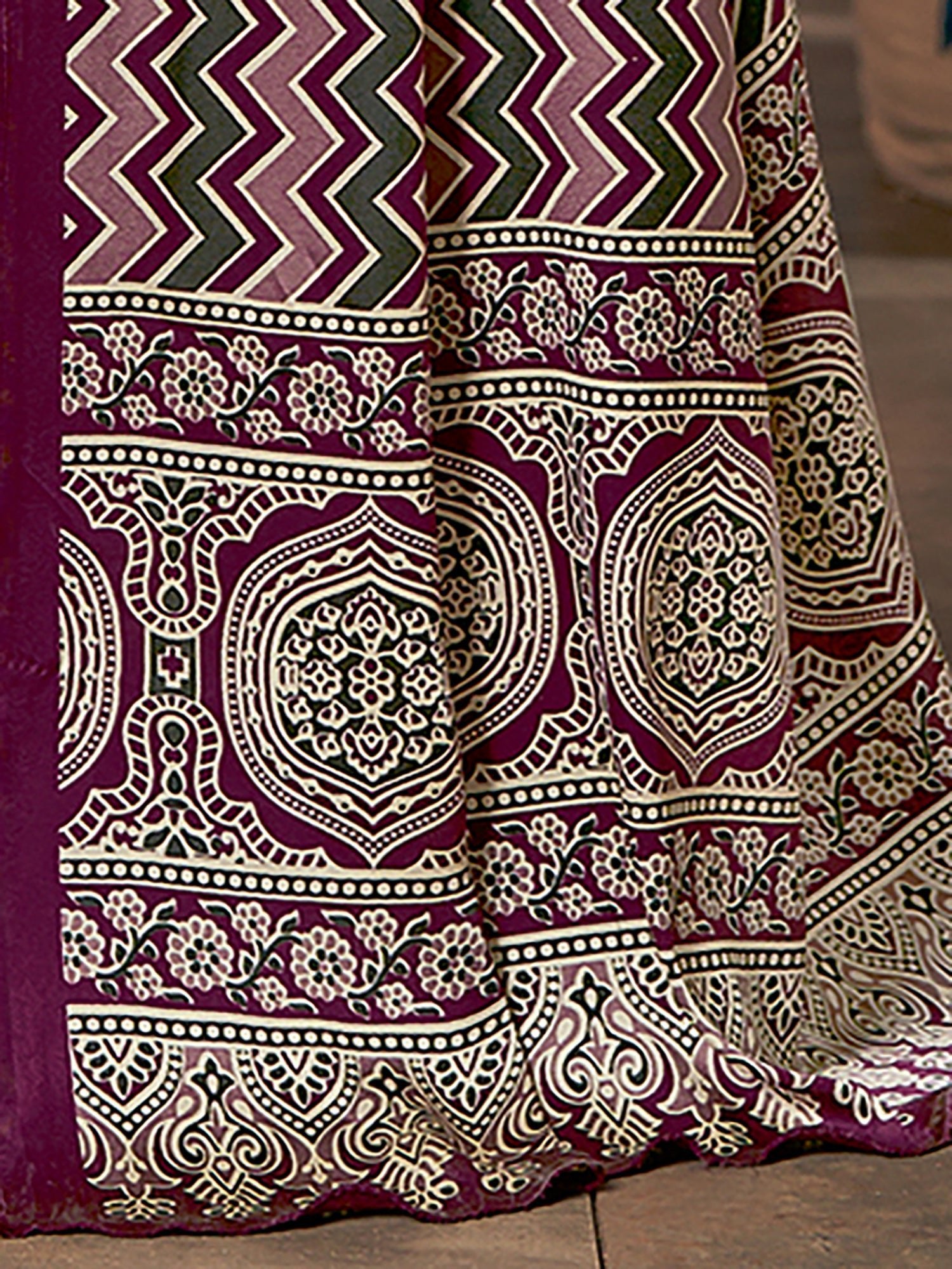 Beige Ajrakh Silk Saree with Wine Geometric Cross & Paisley Print, Grand Medallion Pallu & Wine Blouse - Ressa