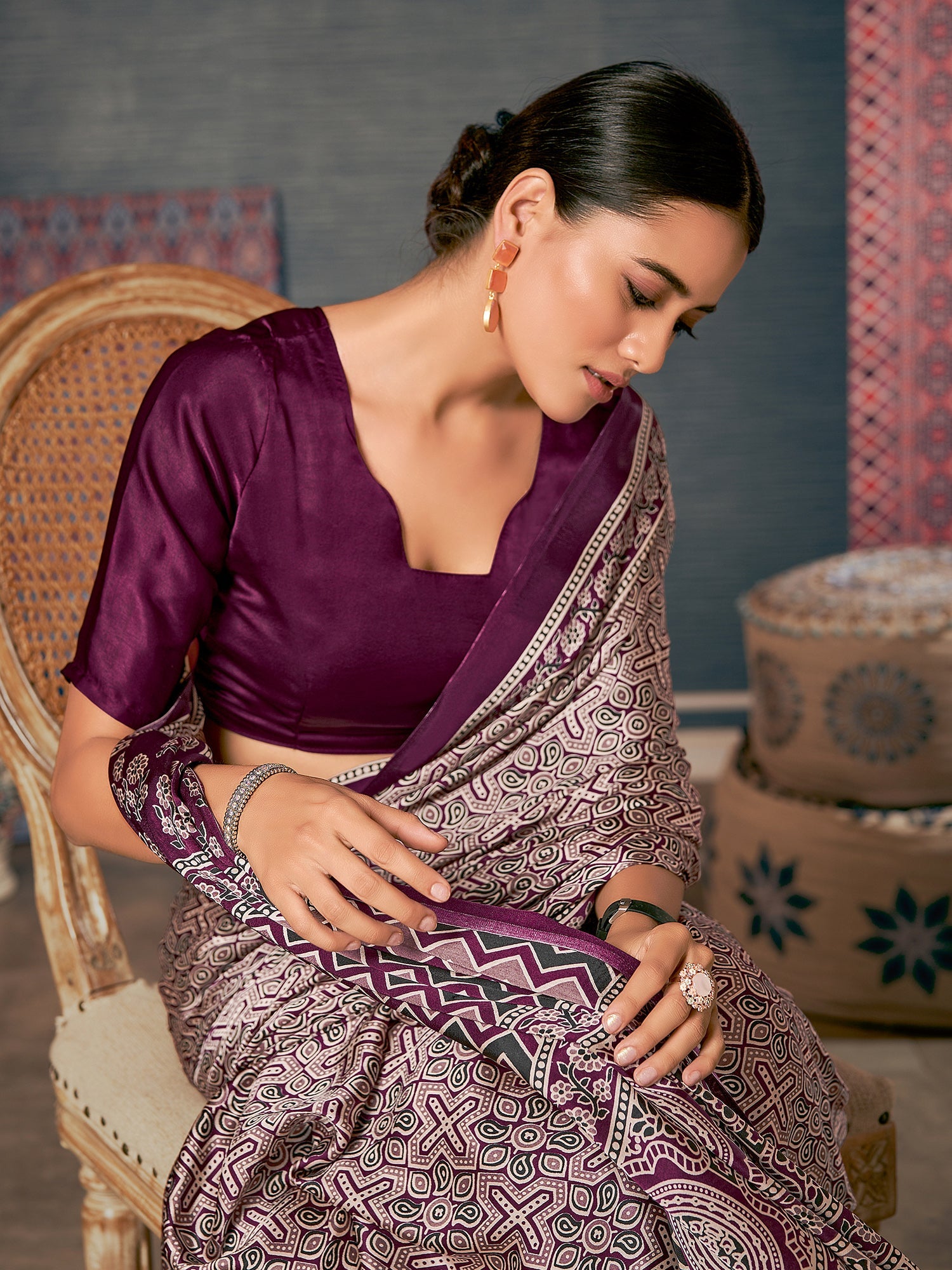 Beige Ajrakh Silk Saree with Wine Geometric Cross & Paisley Print, Grand Medallion Pallu & Wine Blouse - Ressa